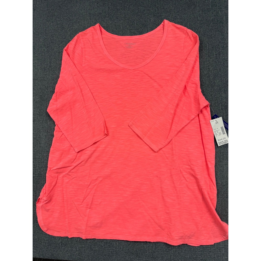 Catherines Womens 0X 14/16W Slub Knit V-Neck Top Neon Coral 3/4 Sleeve 288751